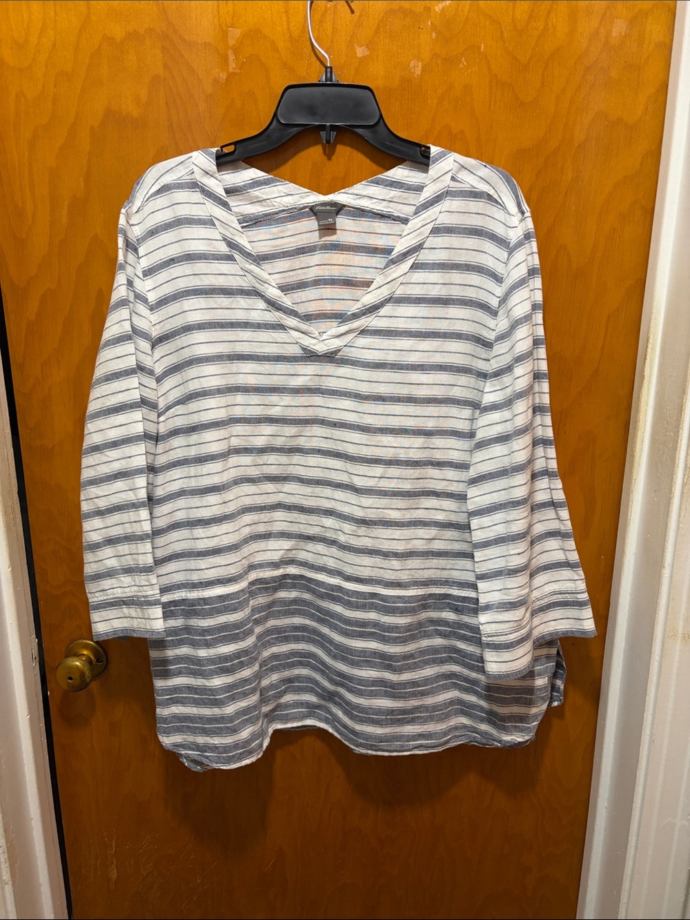 Eddie Bauer White and Blue Striped linen blend V-Neck Tunic